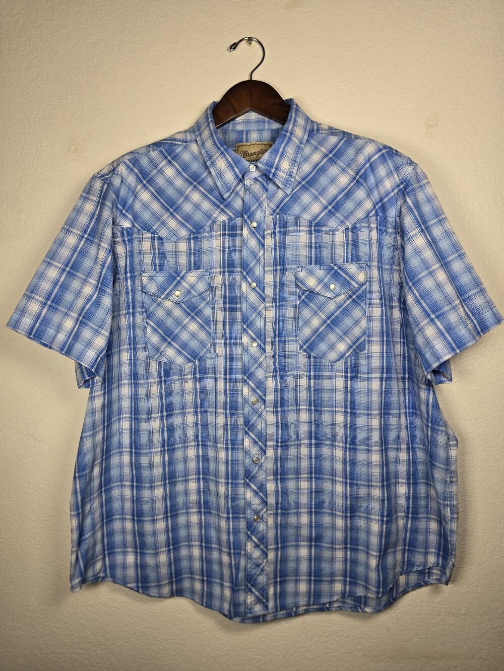 Wrangler Mens Western Shirt 2XL Big Pearl Snap Blue Plaid Short Sleeve Cowboy